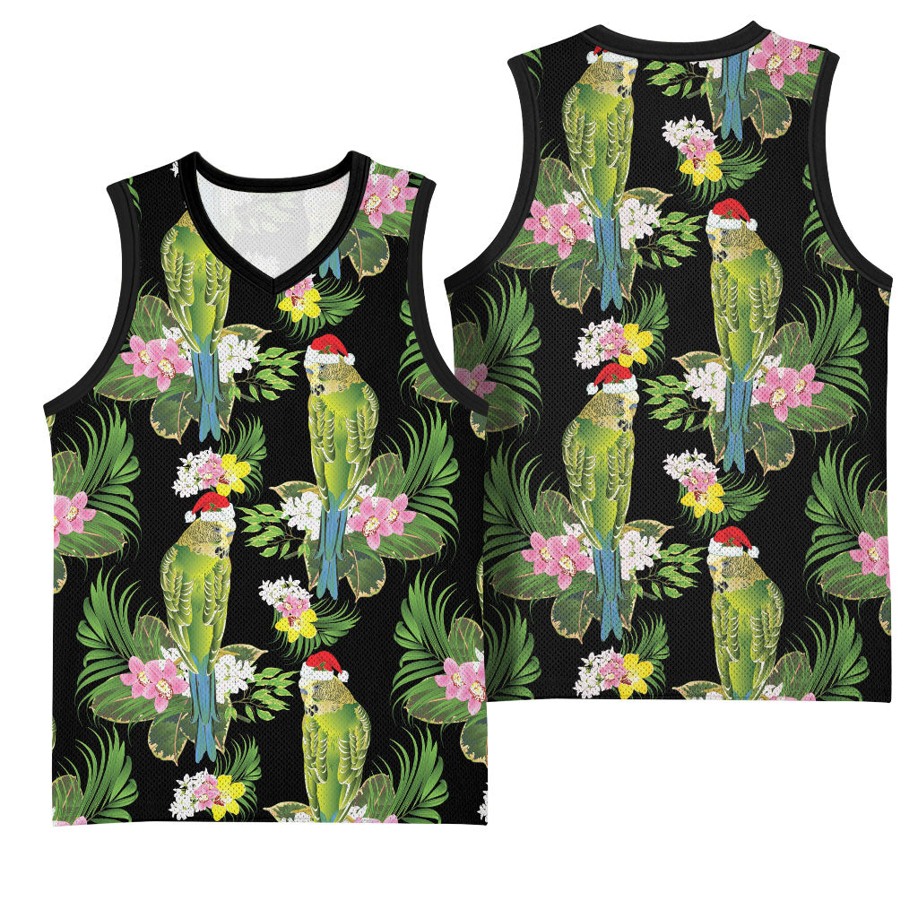 Aussie Santa Budgie Christmas Basketball Jersey Black Parakeet Tropical Floral