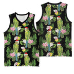 Aussie Santa Budgie Christmas Basketball Jersey Black Parakeet Tropical Floral