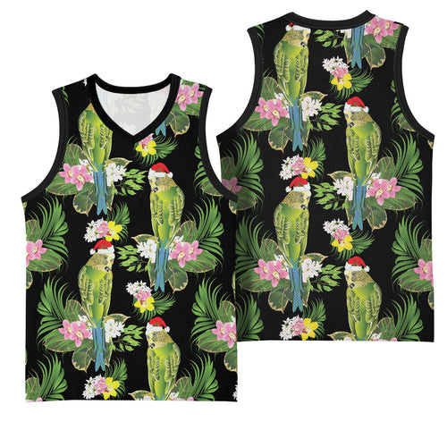 Aussie Santa Budgie Christmas Basketball Jersey Black Parakeet Tropical Floral
