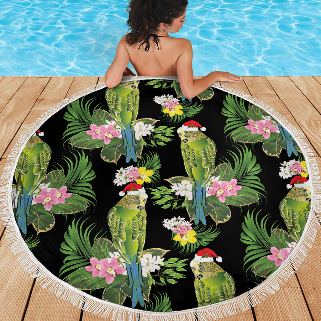 Aussie Santa Budgie Christmas Beach Blanket Black Parakeet Tropical Floral