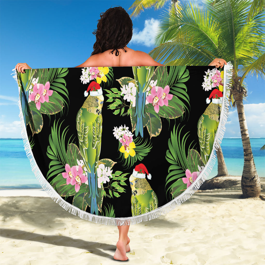 Aussie Santa Budgie Christmas Beach Blanket Black Parakeet Tropical Floral