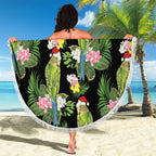 Aussie Santa Budgie Christmas Beach Blanket Black Parakeet Tropical Floral