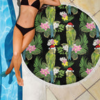 Aussie Santa Budgie Christmas Beach Blanket Black Parakeet Tropical Floral