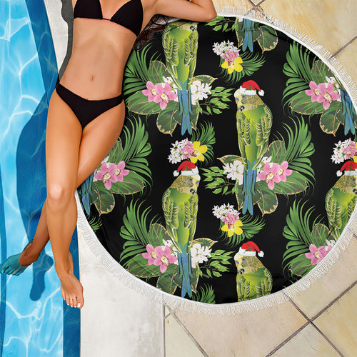 Aussie Santa Budgie Christmas Beach Blanket Black Parakeet Tropical Floral