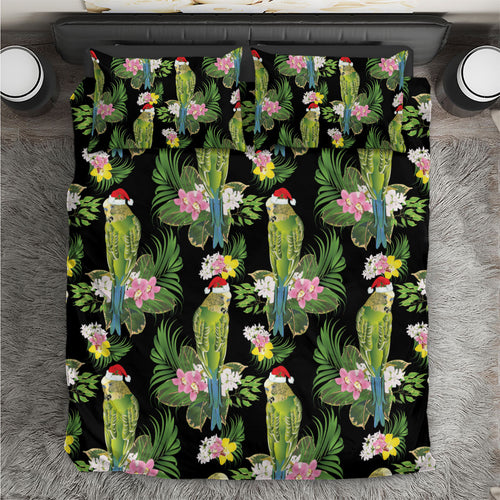 Aussie Santa Budgie Christmas Bedding Set Black Parakeet Tropical Floral