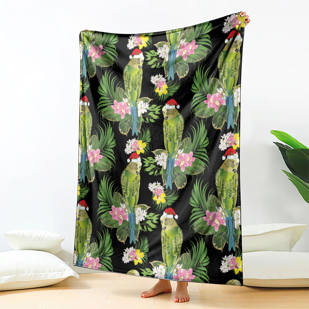 Aussie Santa Budgie Christmas Blanket Black Parakeet Tropical Floral