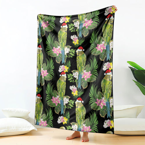 Aussie Santa Budgie Christmas Blanket Black Parakeet Tropical Floral