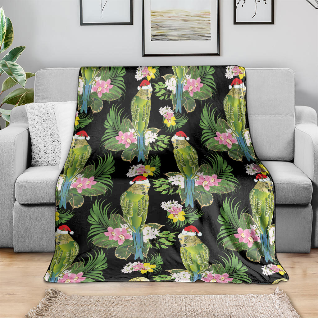 Aussie Santa Budgie Christmas Blanket Black Parakeet Tropical Floral