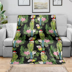 Aussie Santa Budgie Christmas Blanket Black Parakeet Tropical Floral