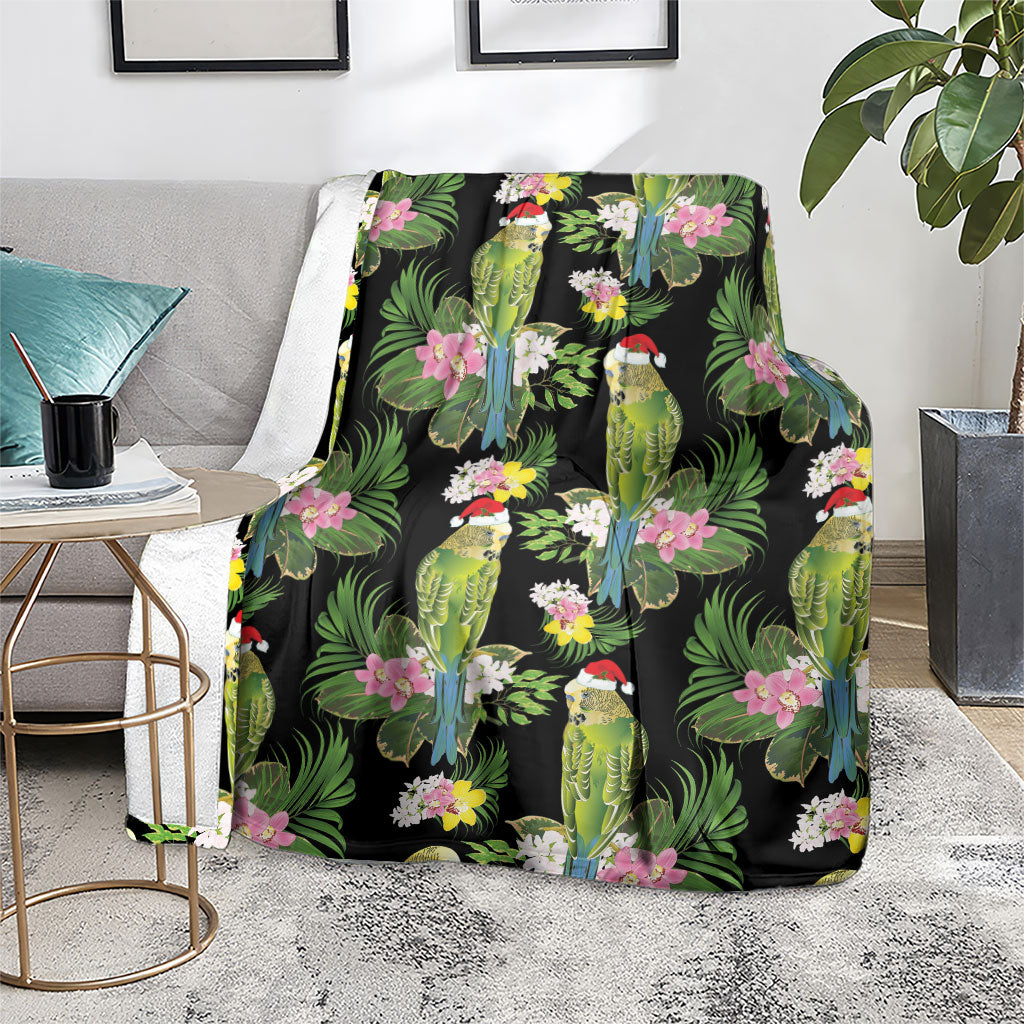 Aussie Santa Budgie Christmas Blanket Black Parakeet Tropical Floral