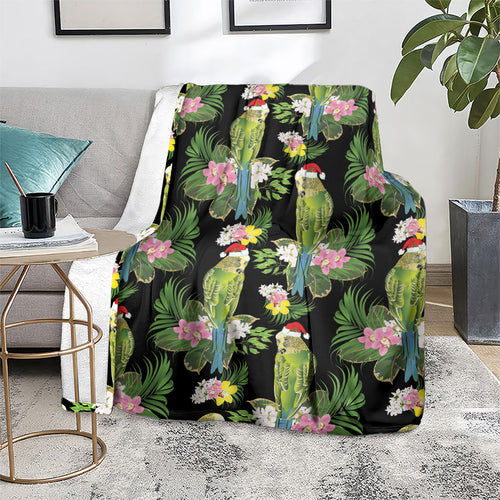 Aussie Santa Budgie Christmas Blanket Black Parakeet Tropical Floral