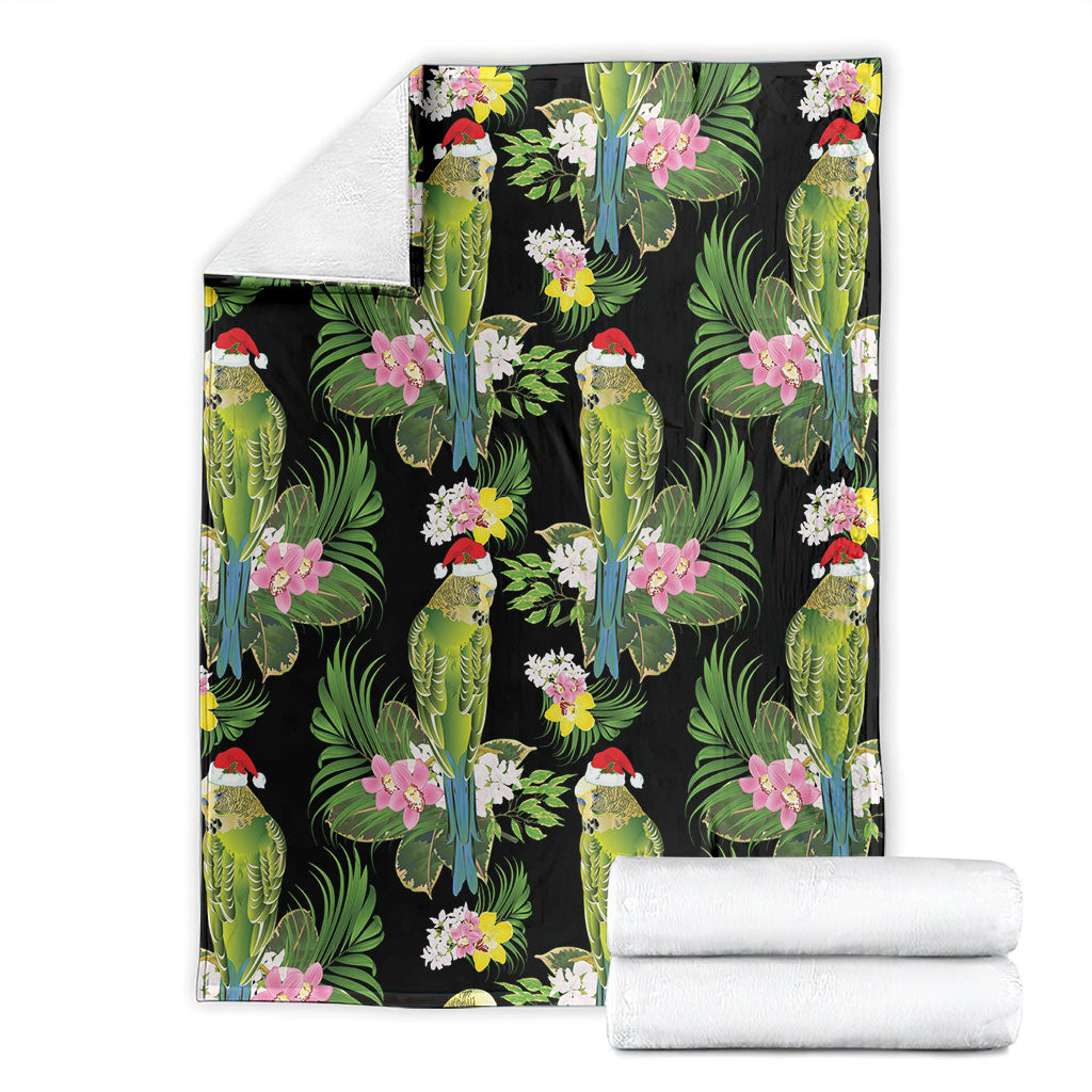 Aussie Santa Budgie Christmas Blanket Black Parakeet Tropical Floral