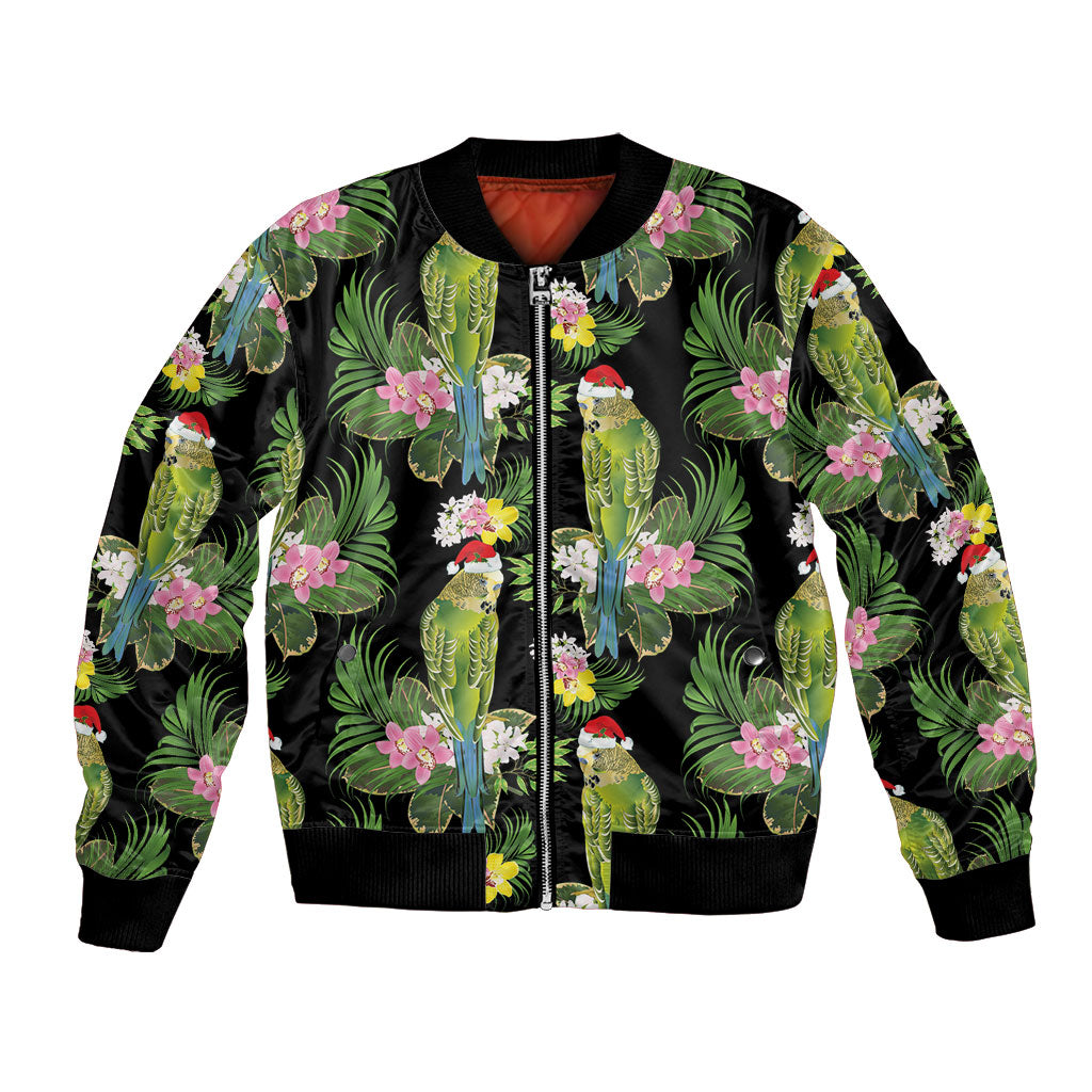 Aussie Santa Budgie Christmas Bomber Jacket Black Parakeet Tropical Floral