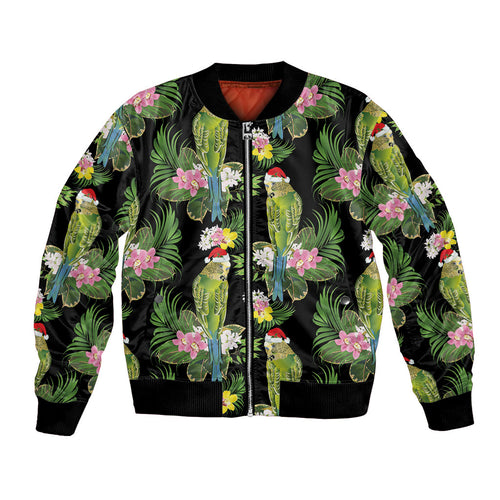 Aussie Santa Budgie Christmas Bomber Jacket Black Parakeet Tropical Floral