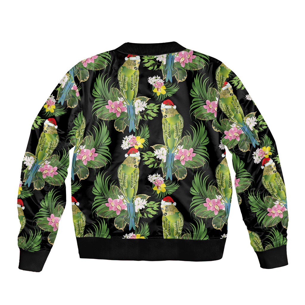 Aussie Santa Budgie Christmas Bomber Jacket Black Parakeet Tropical Floral