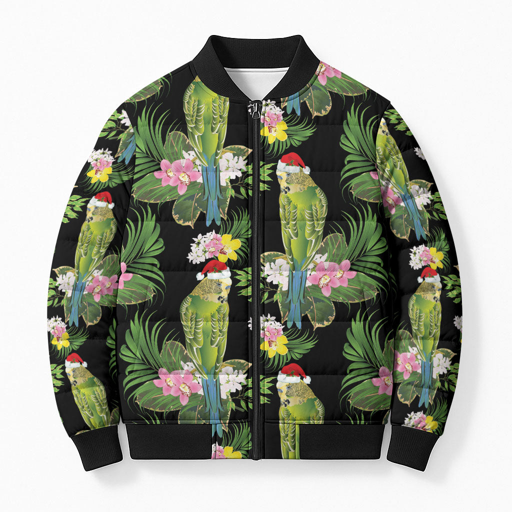 Aussie Santa Budgie Christmas Bomber Puffer Jacket Black Parakeet Tropical Floral