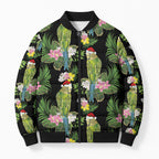 Aussie Santa Budgie Christmas Bomber Puffer Jacket Black Parakeet Tropical Floral