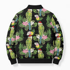 Aussie Santa Budgie Christmas Bomber Puffer Jacket Black Parakeet Tropical Floral