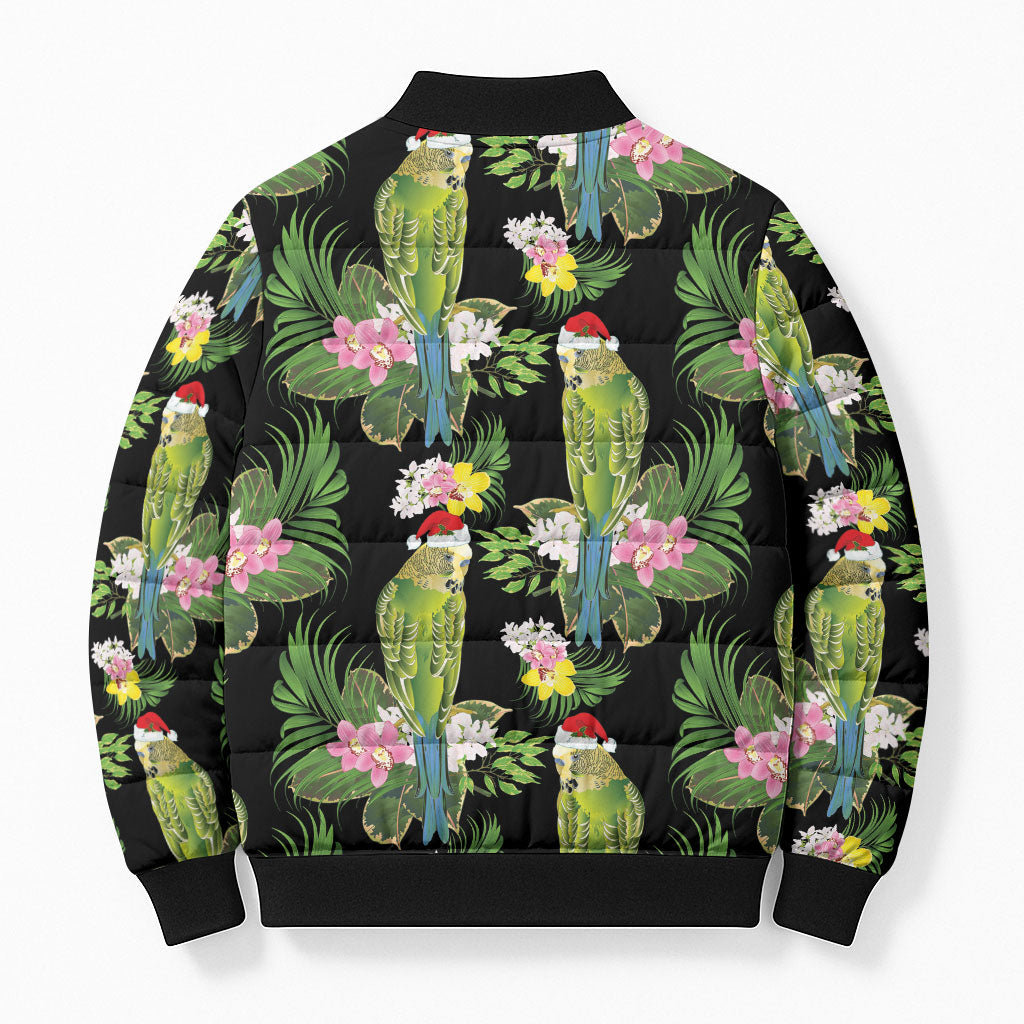 Aussie Santa Budgie Christmas Bomber Puffer Jacket Black Parakeet Tropical Floral
