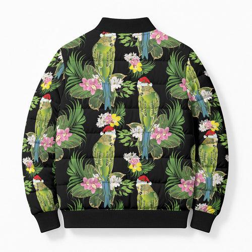 Aussie Santa Budgie Christmas Bomber Puffer Jacket Black Parakeet Tropical Floral