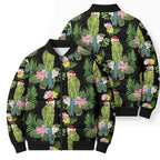 Aussie Santa Budgie Christmas Bomber Puffer Jacket Black Parakeet Tropical Floral