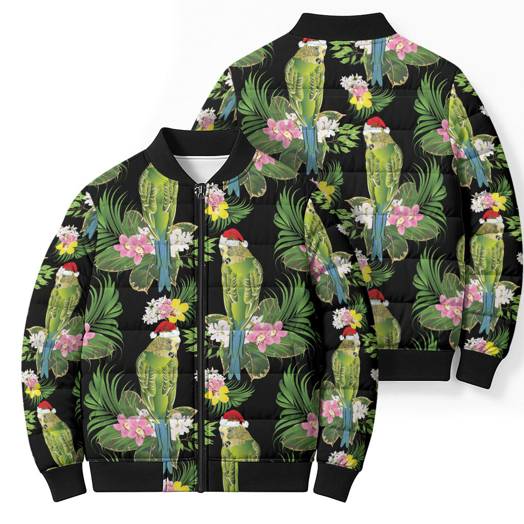 Aussie Santa Budgie Christmas Bomber Puffer Jacket Black Parakeet Tropical Floral