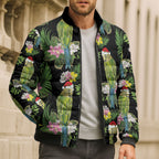 Aussie Santa Budgie Christmas Bomber Puffer Jacket Black Parakeet Tropical Floral