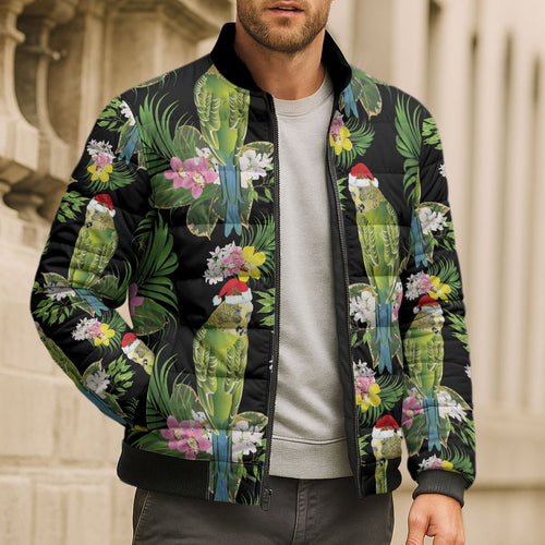 Aussie Santa Budgie Christmas Bomber Puffer Jacket Black Parakeet Tropical Floral