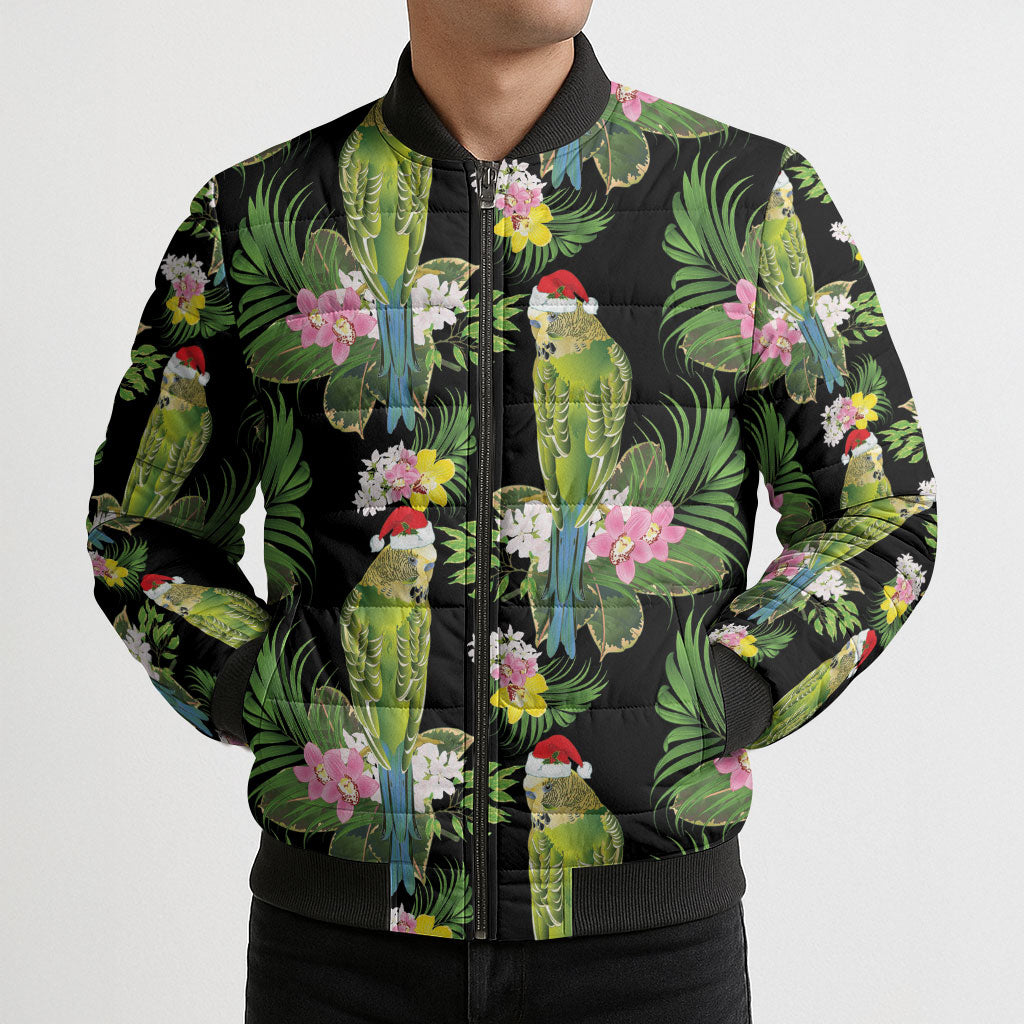 Aussie Santa Budgie Christmas Bomber Puffer Jacket Black Parakeet Tropical Floral