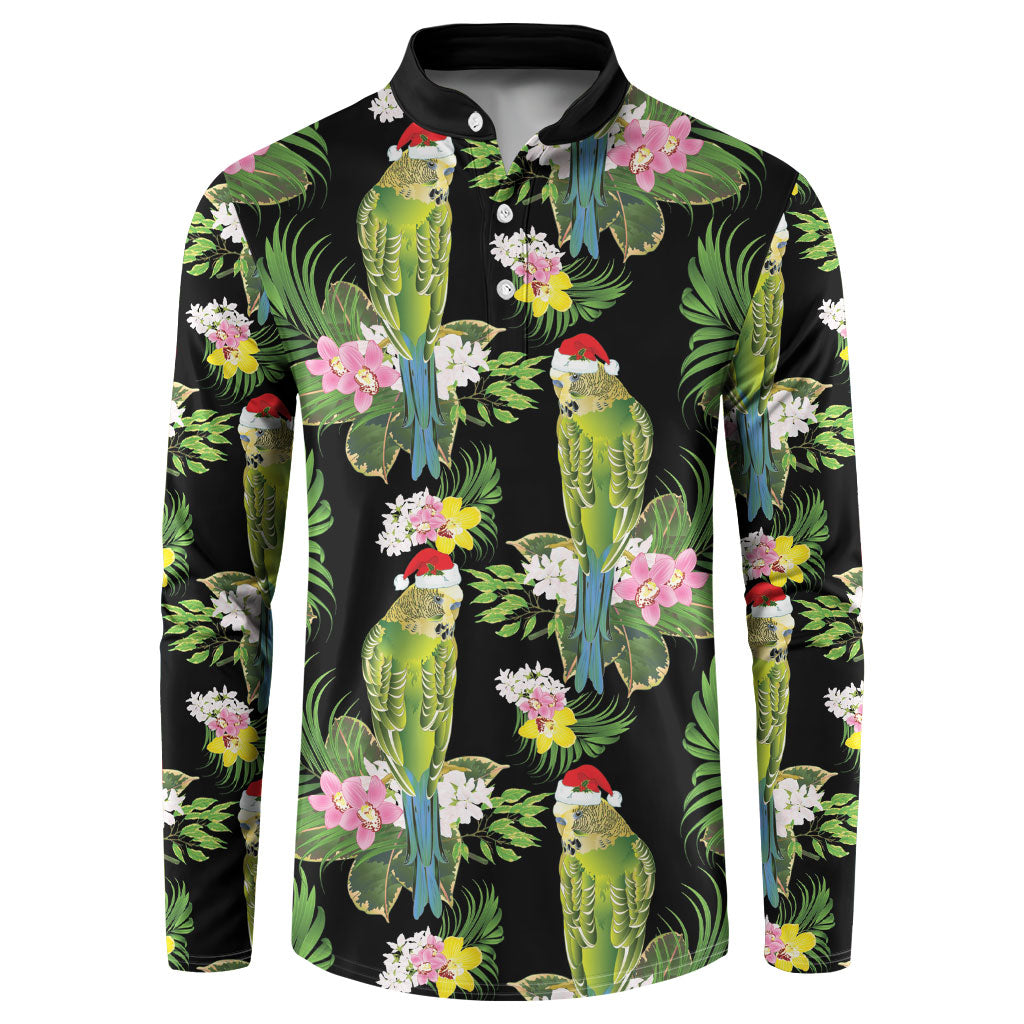 Aussie Santa Budgie Christmas Button Sweatshirt Black Parakeet Tropical Floral