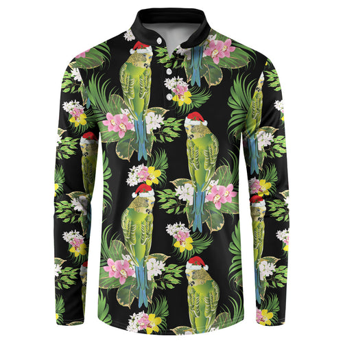 Aussie Santa Budgie Christmas Button Sweatshirt Black Parakeet Tropical Floral