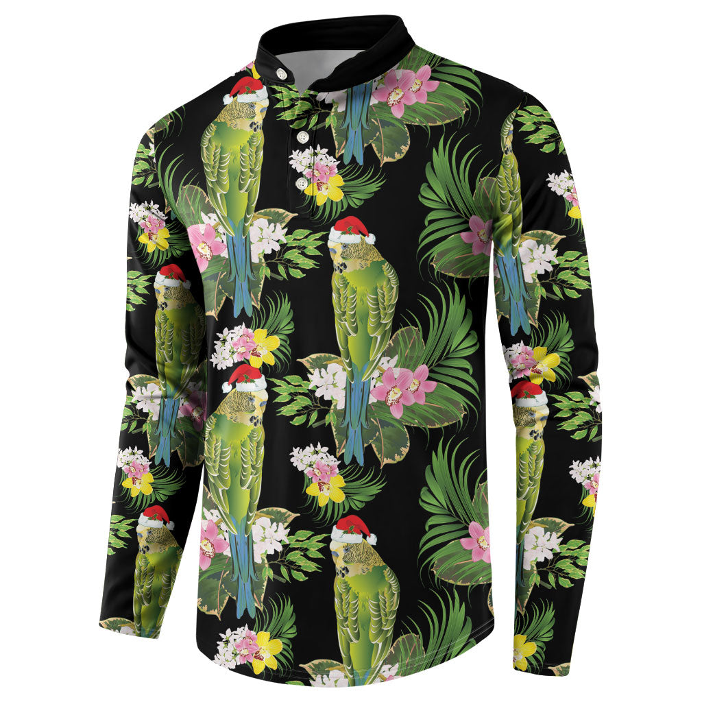 Aussie Santa Budgie Christmas Button Sweatshirt Black Parakeet Tropical Floral