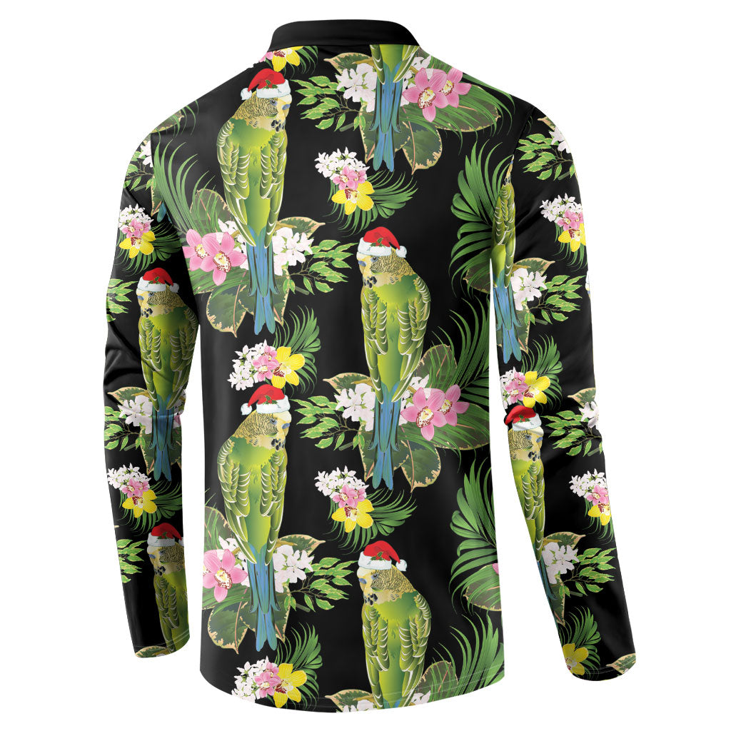 Aussie Santa Budgie Christmas Button Sweatshirt Black Parakeet Tropical Floral