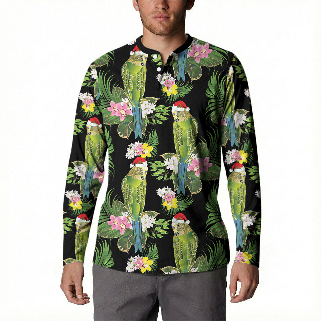 Aussie Santa Budgie Christmas Button Sweatshirt Black Parakeet Tropical Floral