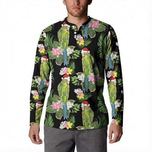 Aussie Santa Budgie Christmas Button Sweatshirt Black Parakeet Tropical Floral