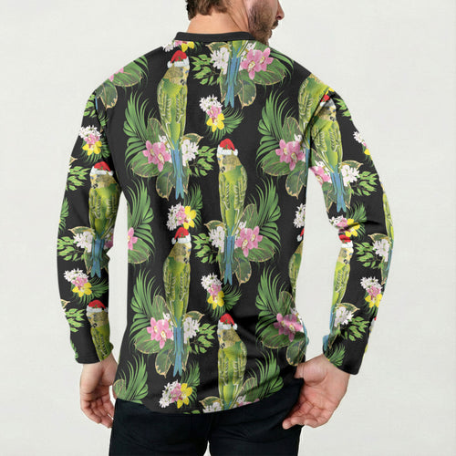 Aussie Santa Budgie Christmas Button Sweatshirt Black Parakeet Tropical Floral