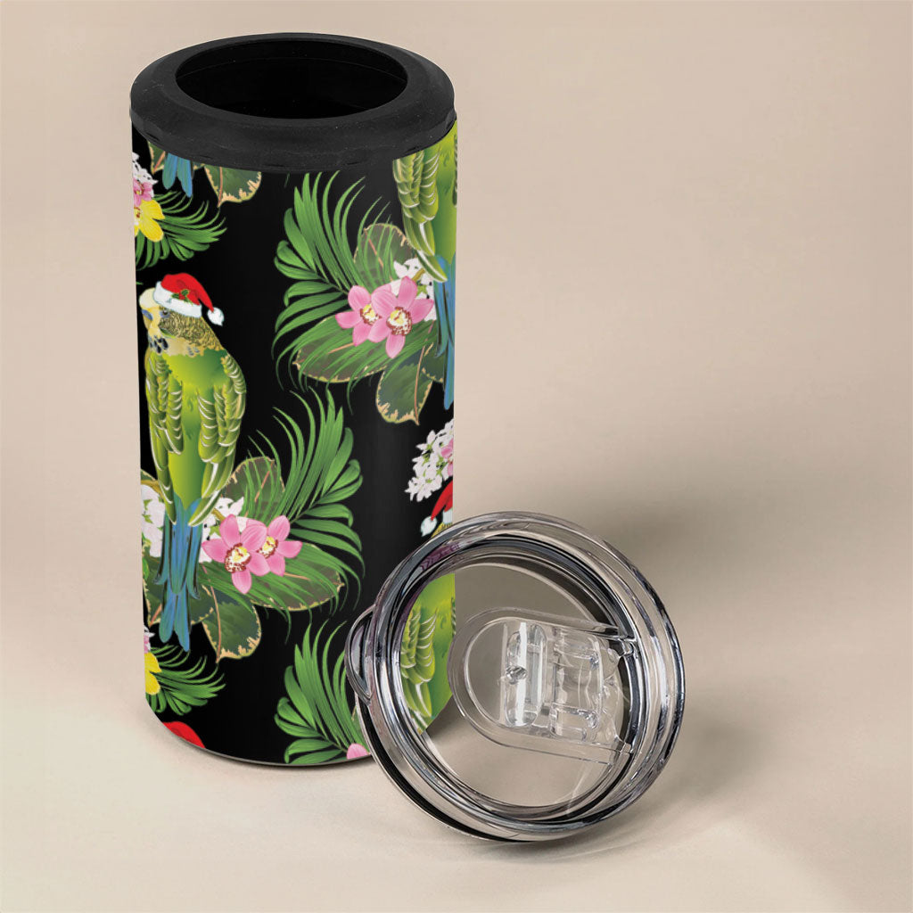 Aussie Santa Budgie Christmas 4 in 1 Can Cooler Tumbler Black Parakeet Tropical Floral