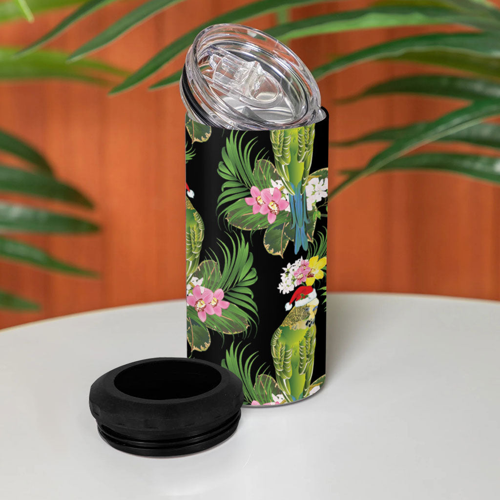 Aussie Santa Budgie Christmas 4 in 1 Can Cooler Tumbler Black Parakeet Tropical Floral