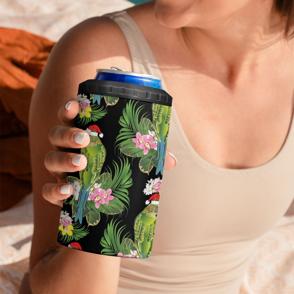 Aussie Santa Budgie Christmas 4 in 1 Can Cooler Tumbler Black Parakeet Tropical Floral