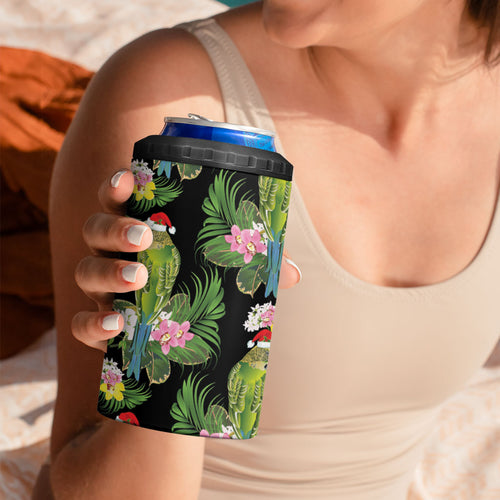 Aussie Santa Budgie Christmas 4 in 1 Can Cooler Tumbler Black Parakeet Tropical Floral