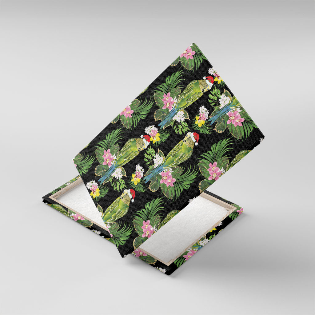 Aussie Santa Budgie Christmas Canvas Wall Art Black Parakeet Tropical Floral