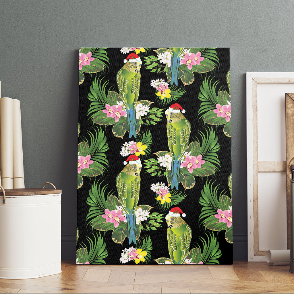 Aussie Santa Budgie Christmas Canvas Wall Art Black Parakeet Tropical Floral