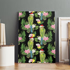 Aussie Santa Budgie Christmas Canvas Wall Art Black Parakeet Tropical Floral