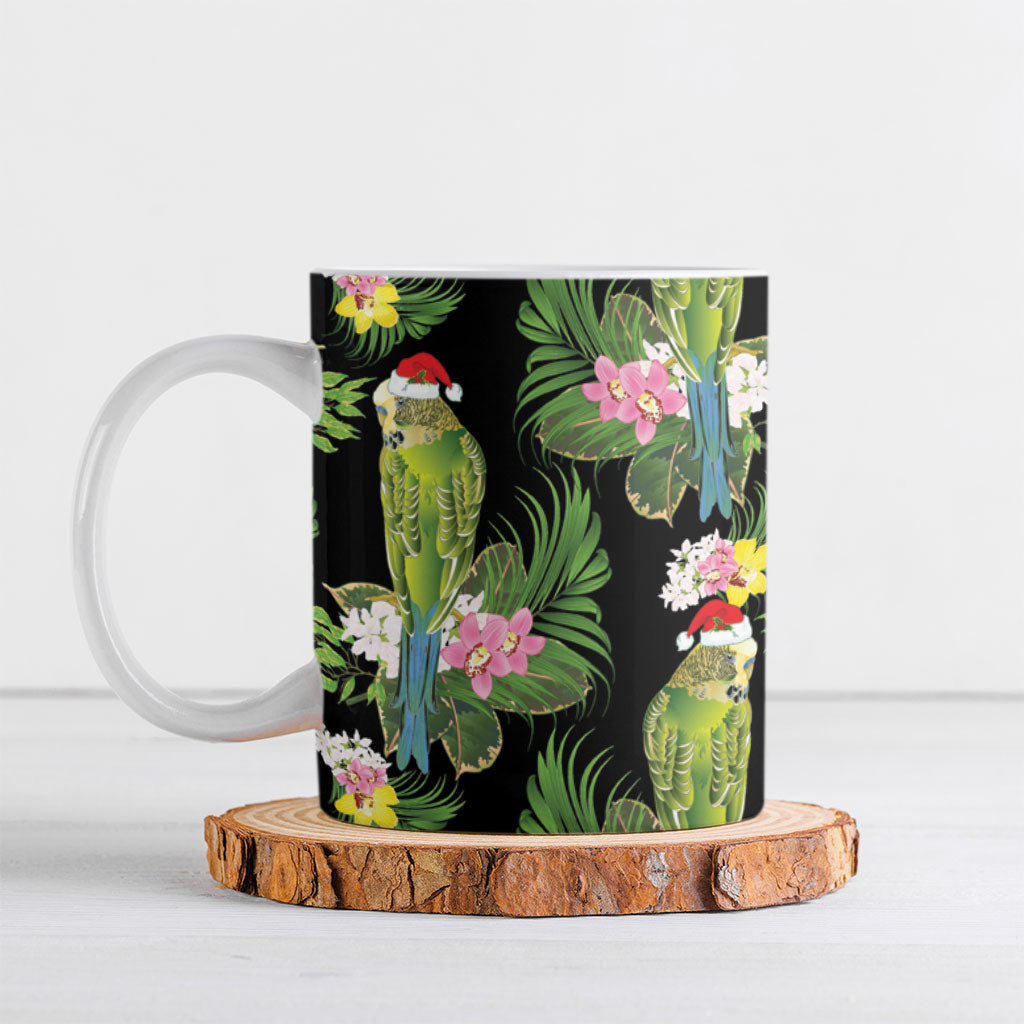 Aussie Santa Budgie Christmas Ceramic Mug Black Parakeet Tropical Floral