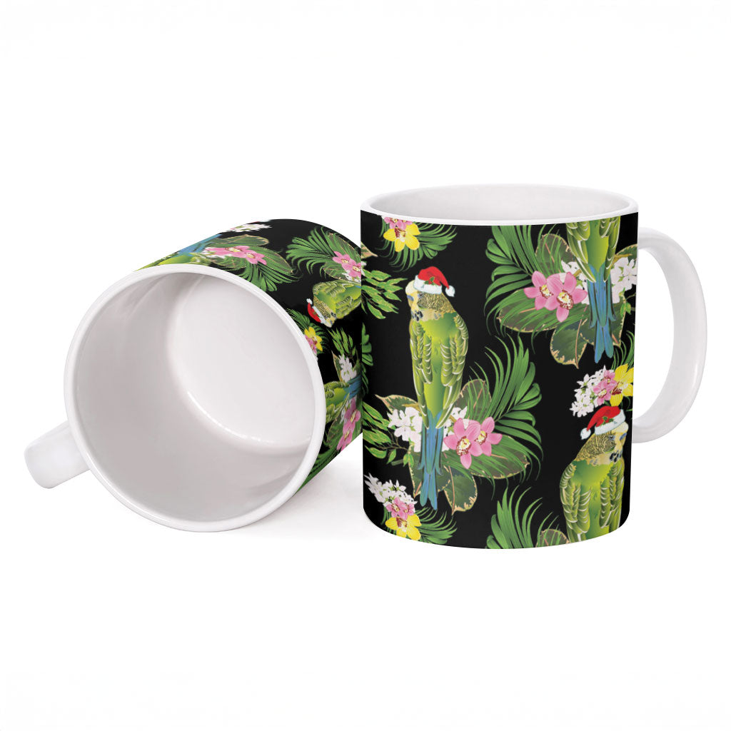 Aussie Santa Budgie Christmas Ceramic Mug Black Parakeet Tropical Floral