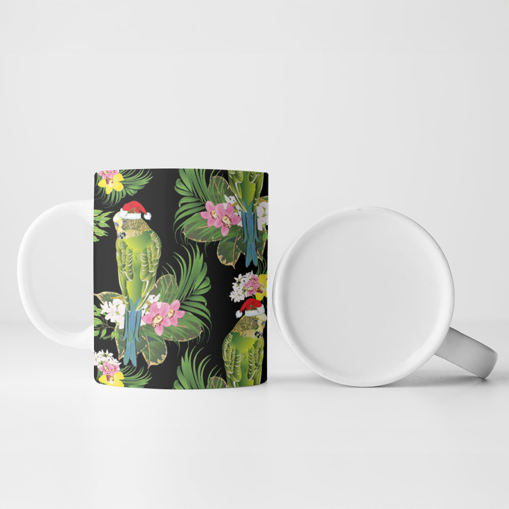 Aussie Santa Budgie Christmas Ceramic Mug Black Parakeet Tropical Floral
