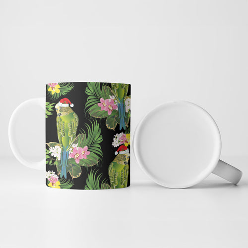 Aussie Santa Budgie Christmas Ceramic Mug Black Parakeet Tropical Floral