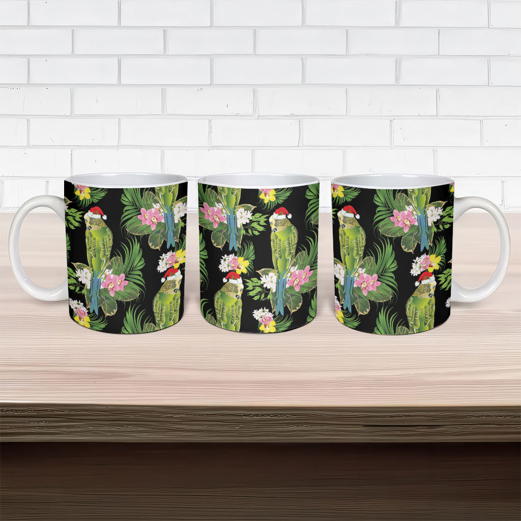 Aussie Santa Budgie Christmas Ceramic Mug Black Parakeet Tropical Floral