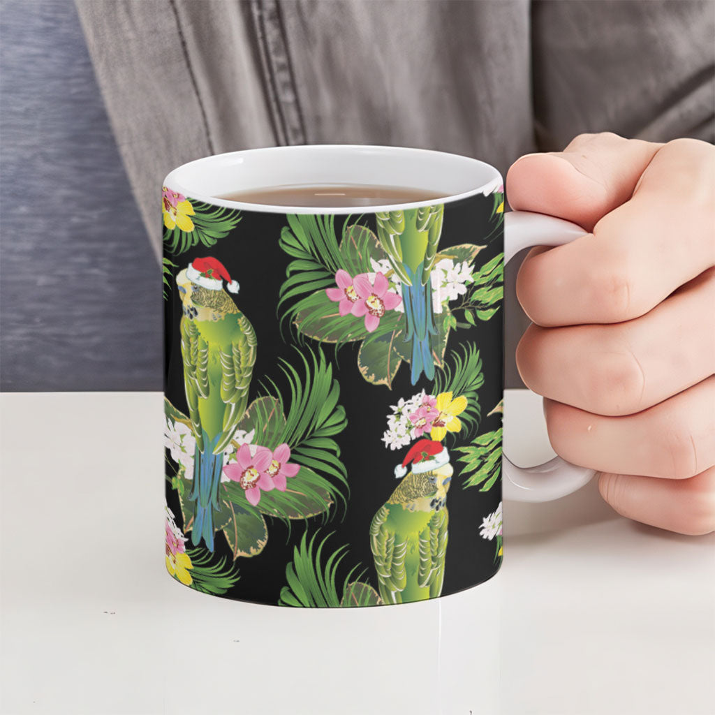 Aussie Santa Budgie Christmas Ceramic Mug Black Parakeet Tropical Floral