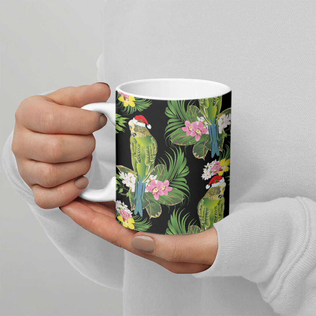 Aussie Santa Budgie Christmas Ceramic Mug Black Parakeet Tropical Floral
